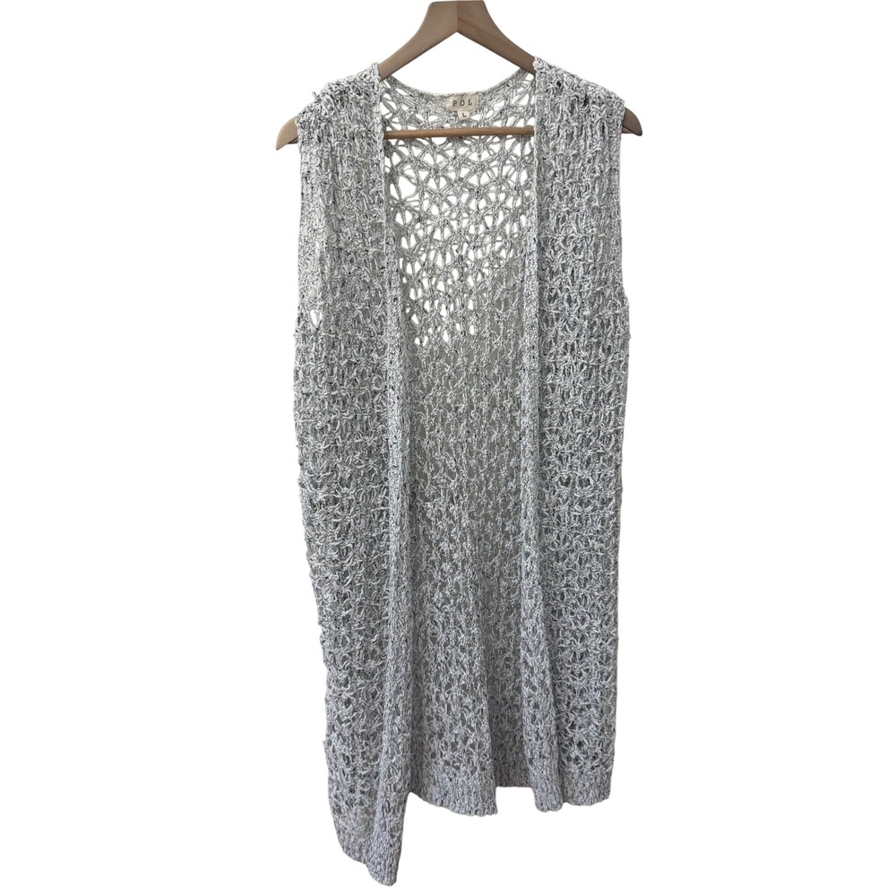 POL Open Knit Longline Vest Large Gray Marled Crochet Duster